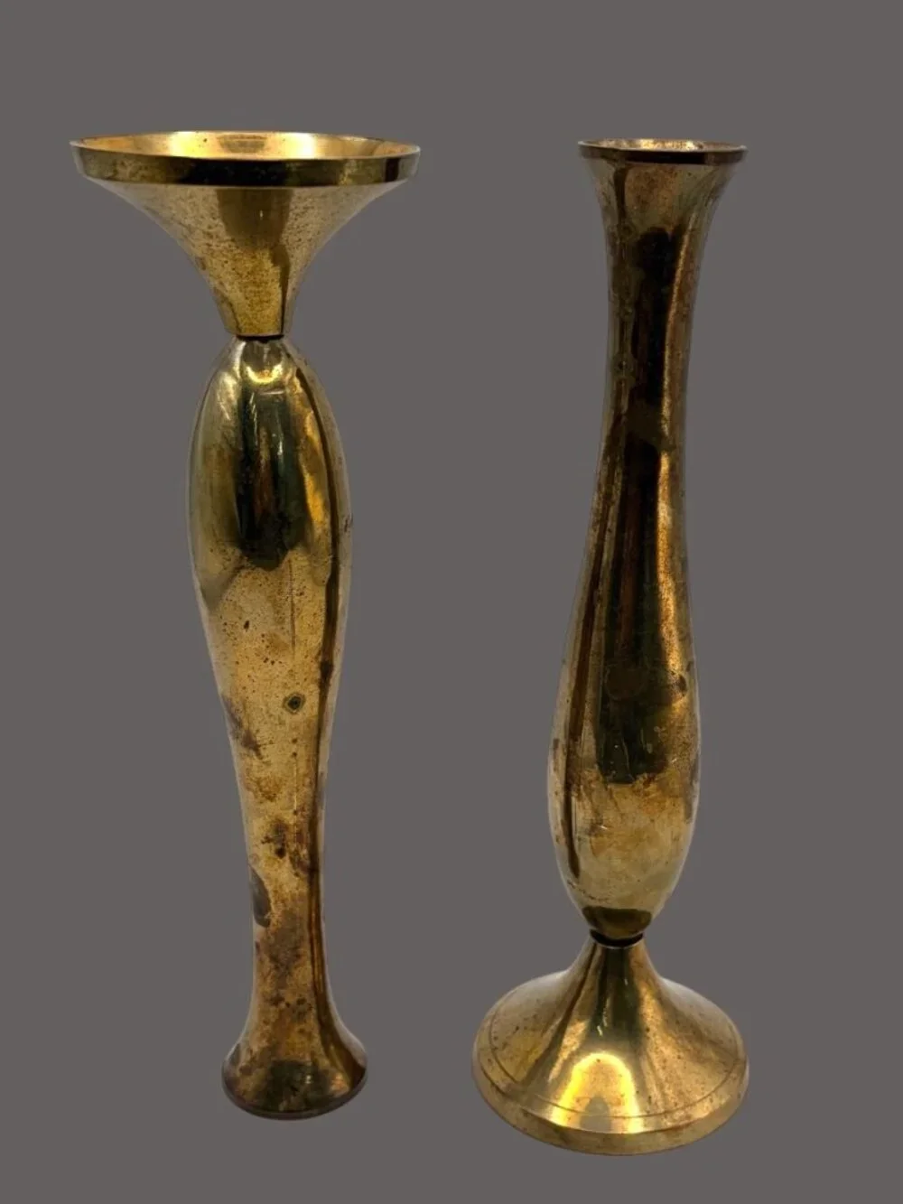 Vintage India Brass Bud Vases Pair Tall Trumpet Boho Decor 8.5